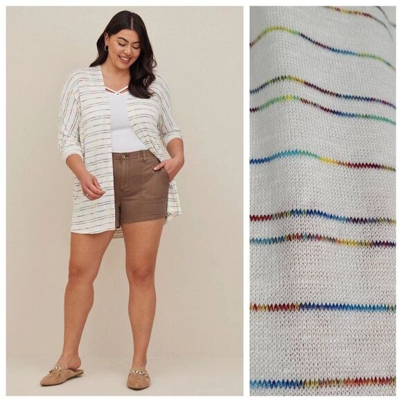 Torrid Cardigan Dolman Sleeve Long Open Front White Rainbow Multi Stripe Size 0X - Picture 1 of 13